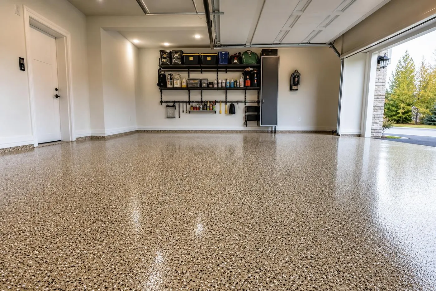 Finished residential garage floor with decorative flake epoxy coating and high-gloss polyaspartic topcoat